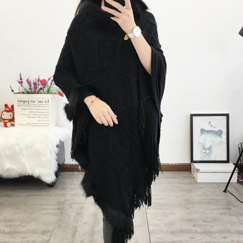 Damski sweter ponczo z futerkiem